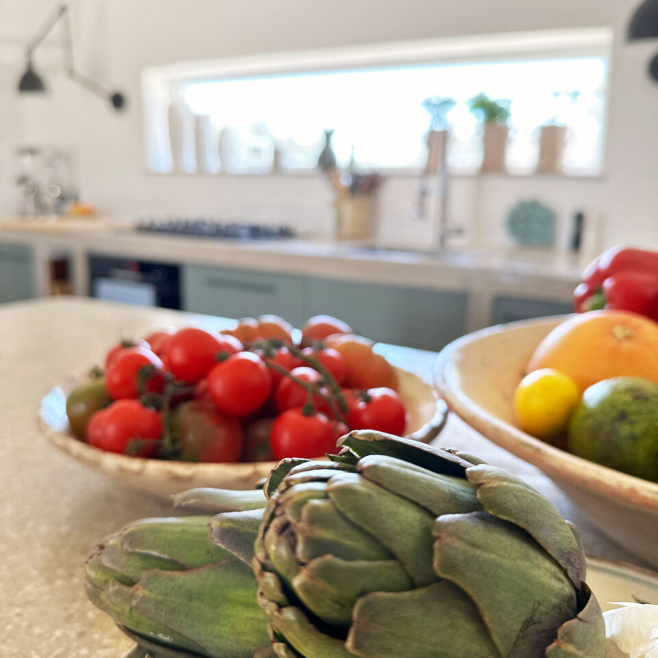 Fruits and vegetables on the kitchen worktop