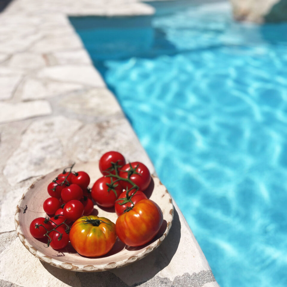 An old bold of fresh italian tomatoes at the poolsiide